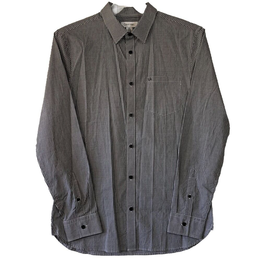 Calvin Klein Men Dress Shirt Size Medium Black White Gingham Check Pocket